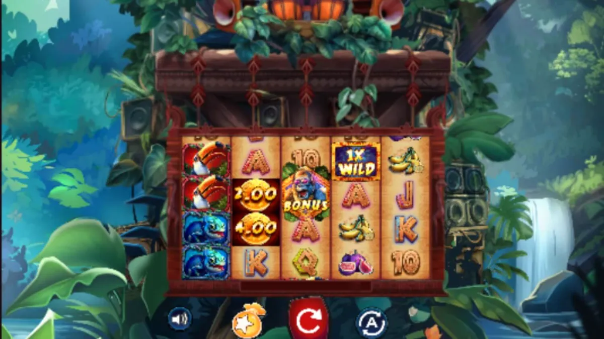 Cenário vibrante da selva no slot Kongo Bongo com elementos tribais e vegetação tropical